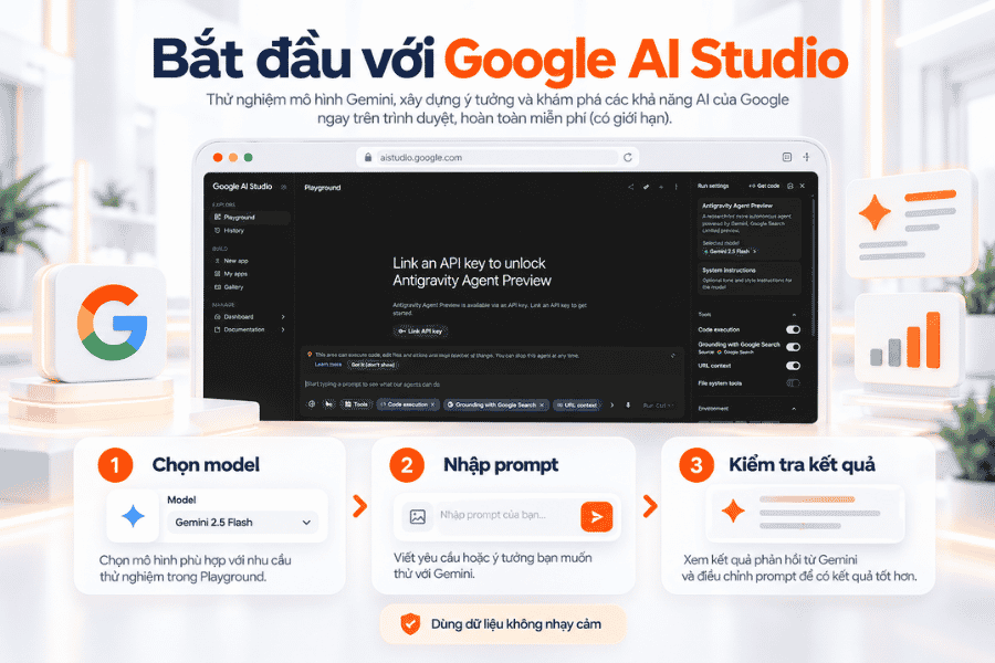 Người mới nên bắt đầu với một thử nghiệm nhỏ: chọn mô hình, nhập prompt bằng dữ liệu không nhạy cảm và kiểm tra kết quả trước khi thử các tính năng nâng cao.