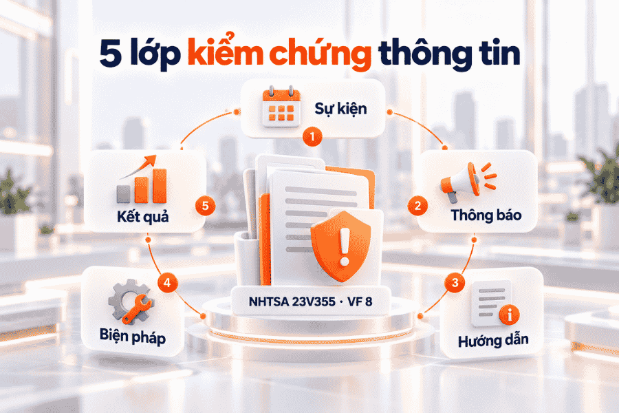 Năm lớp kiểm chứng thông tin qua ví dụ hồ sơ thu hồi NHTSA liên quan đến VF 8.