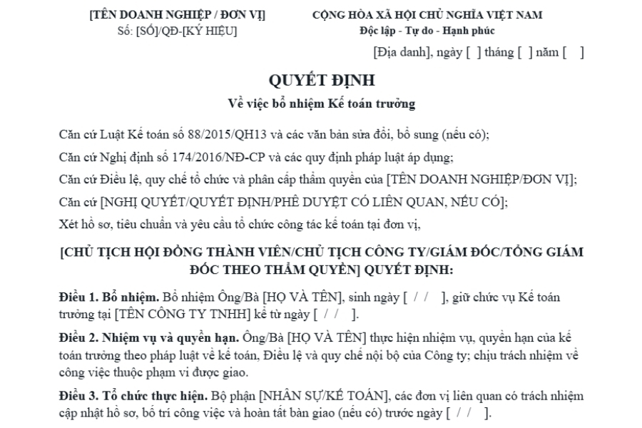 Mẫu quyết định bổ nhiệm kế toán trưởng công ty TNHH