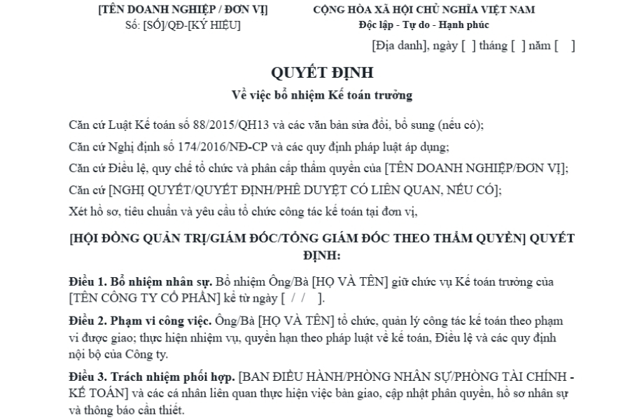 Mẫu quyết định bổ nhiệm kế toán trưởng công ty cổ phần