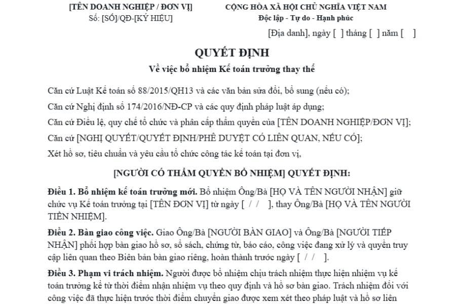 Mẫu quyết định bổ nhiệm kế toán trưởng thay thế người tiền nhiệm