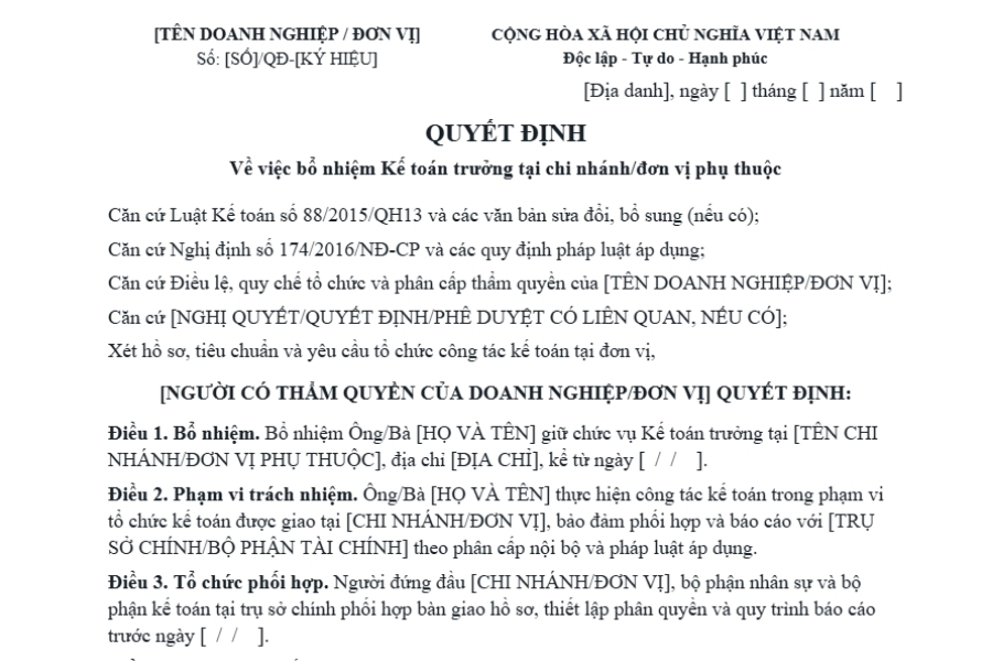 Mẫu quyết định bổ nhiệm kế toán trưởng tại chi nhánh, đơn vị phụ thuộc
