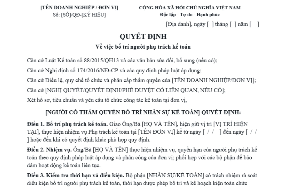 Mẫu quyết định bổ nhiệm người phụ trách kế toán