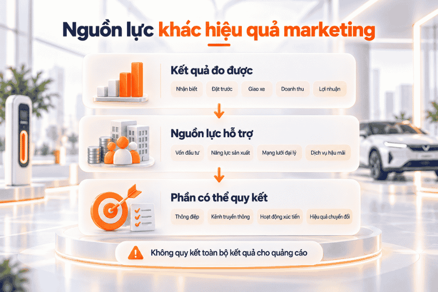 Phân biệt kết quả đo được, nguồn lực hỗ trợ và hiệu quả có thể quy cho marketing.