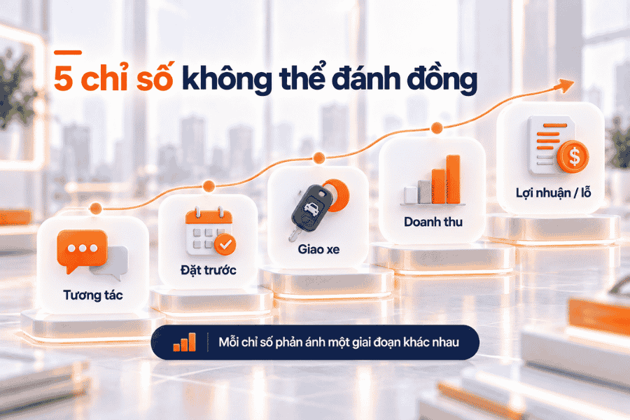 Phân biệt tương tác, đơn đặt trước, giao xe, doanh thu và kết quả lợi nhuận.
