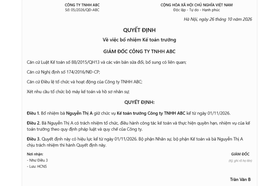 Ví dụ Mẫu quyết định bổ nhiệm kế toán trưởng
